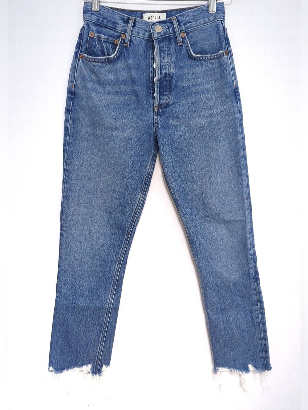 AGOLDE Riley High Rise Straight Crop Jeans 24 Medium Wash Raw Hem Button Fly - Picture 2 of 7